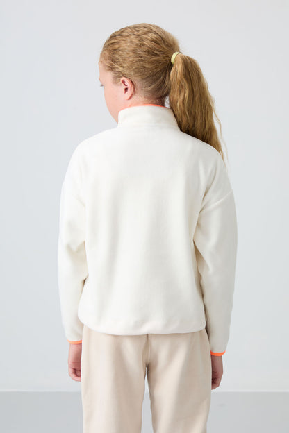 Ecru Thick Soft Textured Standard Fit Embroidered Fleece Girl's Sweatshirt - 75151