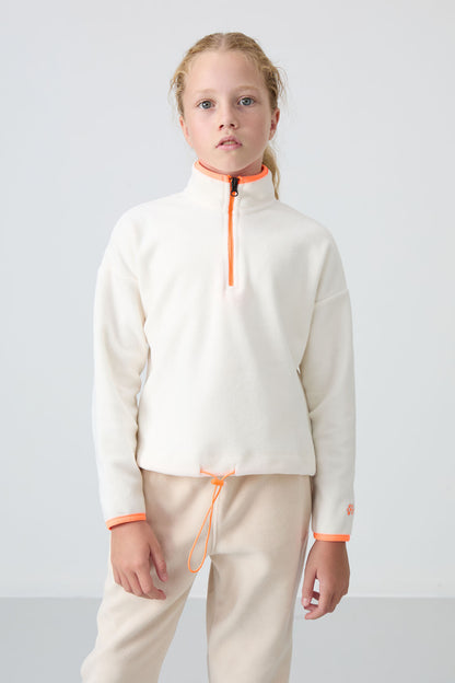 Ecru Thick Soft Textured Standard Fit Embroidered Fleece Girl's Sweatshirt - 75151