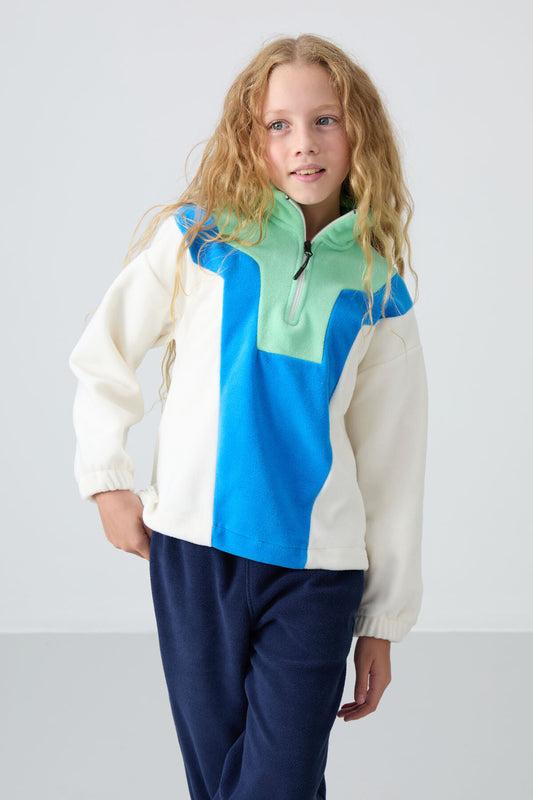 Ecru Thick Soft Textured Oversize Embroidered Fleece Girls' Sweatshirt - 75153