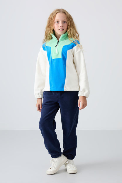 Ecru Thick Soft Textured Oversize Embroidered Fleece Girls' Sweatshirt - 75153