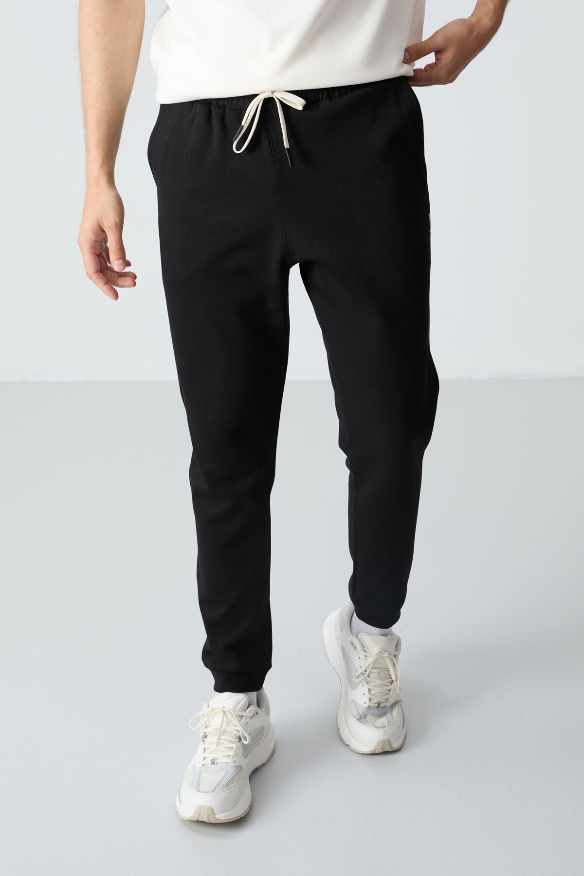 Beige Black Cotton Thick Soft Textured Oversize Fit Basic Men's Tracksuit Set - 85261