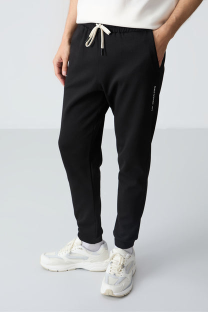 Beige Black Cotton Thick Soft Textured Oversize Fit Basic Men's Tracksuit Set - 85261