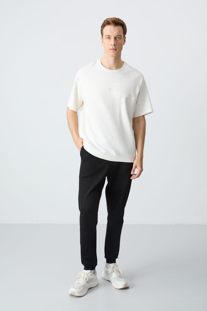 Beige Black Cotton Thick Soft Textured Oversize Fit Basic Men's Tracksuit Set - 85261