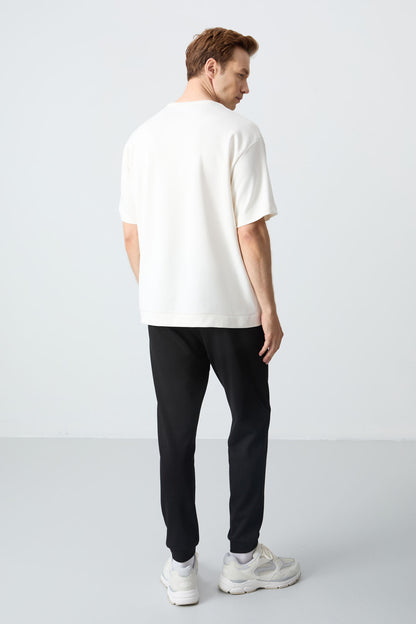 Beige Black Cotton Thick Soft Textured Oversize Fit Basic Men's Tracksuit Set - 85261