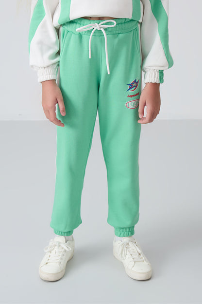 Ecru- Green Cotton Fleece-Lined Soft Textured Standard Fit Printed Girls' Tracksuit Set - 75166