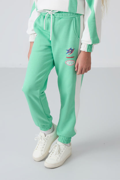 Ecru- Green Cotton Fleece-Lined Soft Textured Standard Fit Printed Girls' Tracksuit Set - 75166