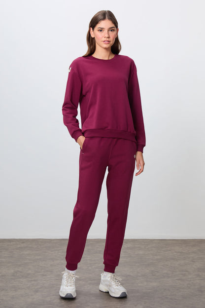 Purple Compact Cotton Thick Smooth Textured O-Collar Oversize Fit Women's Tracksuit Set - 95341