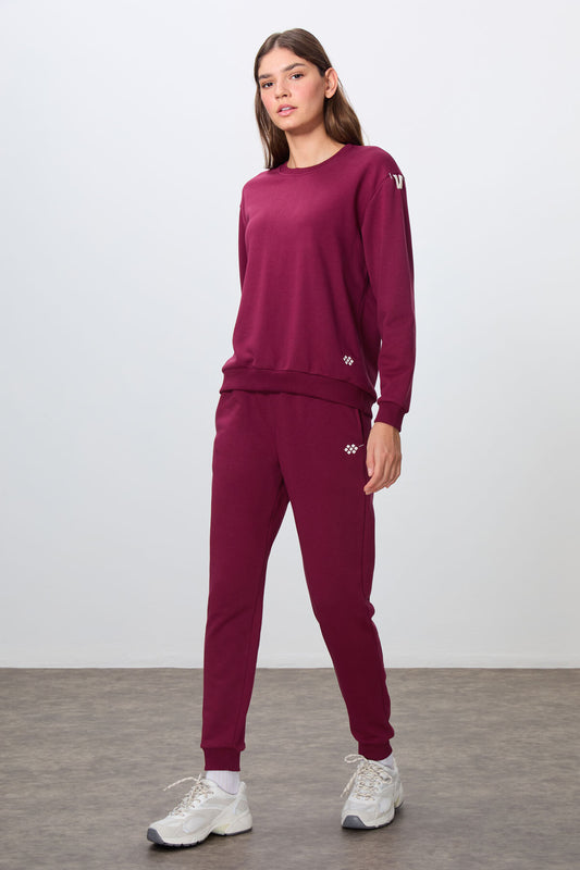 Purple Compact Cotton Thick Smooth Textured O-Collar Oversize Fit Women's Tracksuit Set - 95341