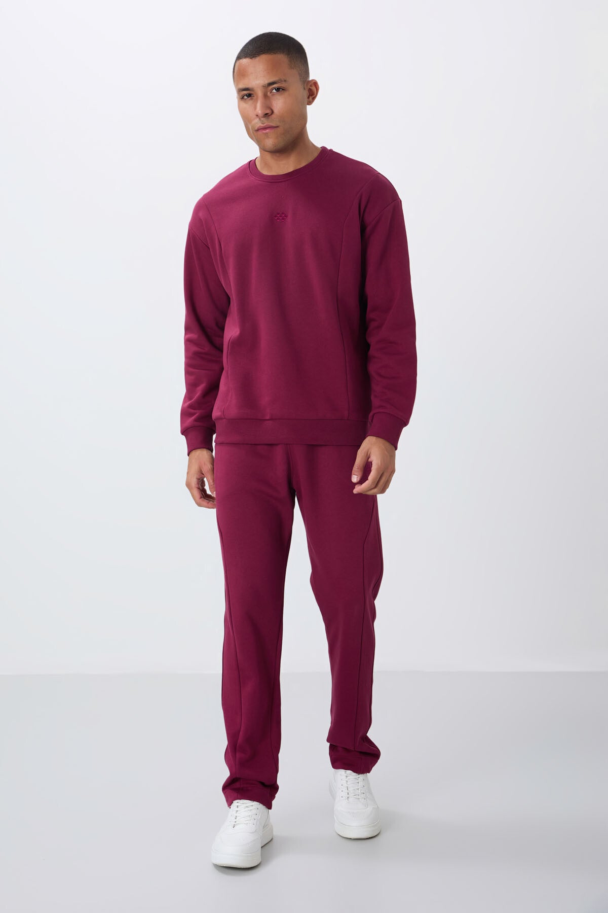 Purple Compact Cotton Thick Smooth Textured O Collar Comfort Fit Men's Tracksuit Set -85263
