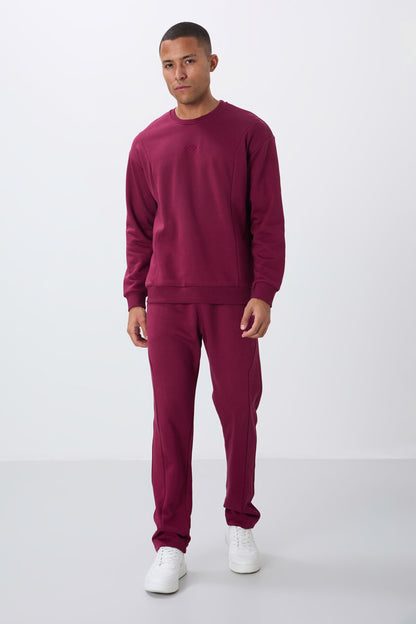 Purple Compact Cotton Thick Smooth Textured O Collar Comfort Fit Men's Tracksuit Set -85263