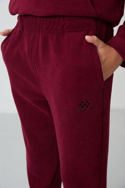 Purple Thick Soft Textured Standard Fit Embroidered Fleece Boys' Tracksuit Set - 11218