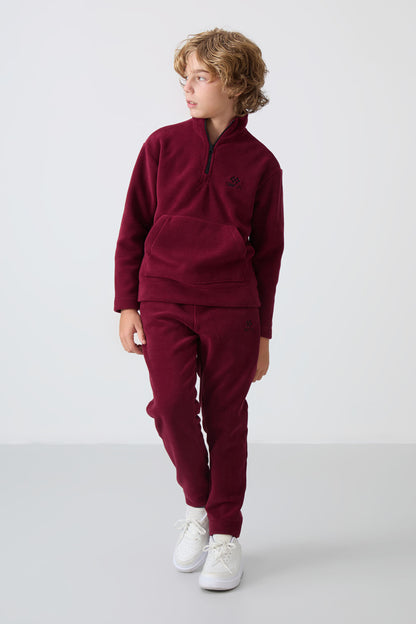 Purple Thick Soft Textured Standard Fit Embroidered Fleece Boys' Tracksuit Set - 11218