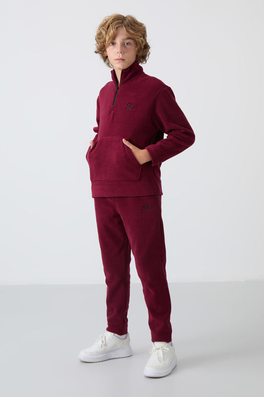 Purple Thick Soft Textured Standard Fit Embroidered Fleece Boys' Tracksuit Set - 11218