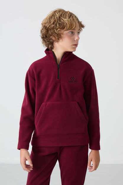 Purple Thick Soft Textured Standard Fit Embroidered Fleece Boys' Tracksuit Set - 11218
