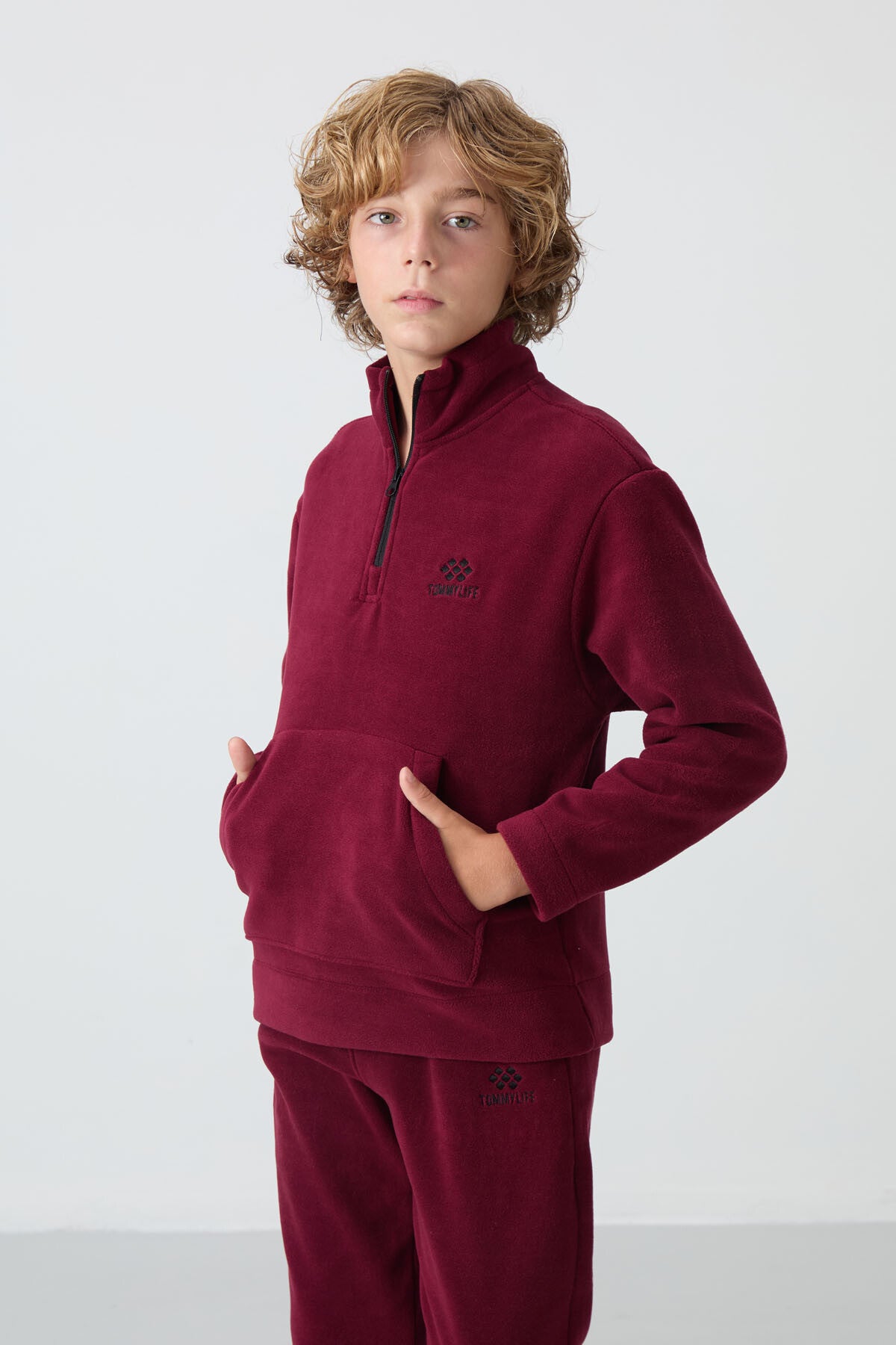 Purple Thick Soft Textured Standard Fit Embroidered Fleece Boys' Tracksuit Set - 11218