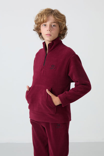 Purple Thick Soft Textured Standard Fit Embroidered Fleece Boys' Tracksuit Set - 11218