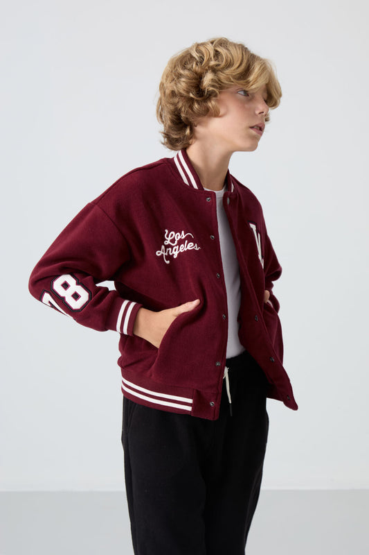 Purple Thick Soft Textured Standard Fit Embroidered Fleece Boys' College Jacket - 11227