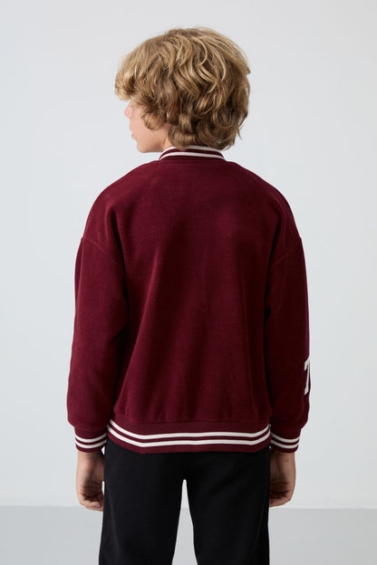 Purple Thick Soft Textured Standard Fit Embroidered Fleece Boys' College Jacket - 11227