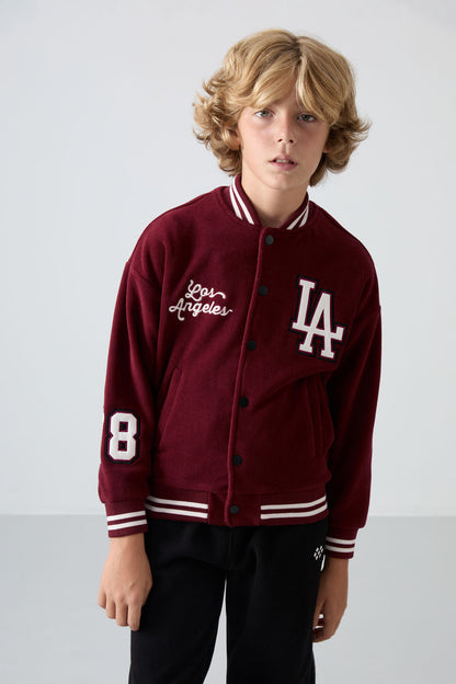 Purple Thick Soft Textured Standard Fit Embroidered Fleece Boys' College Jacket - 11227