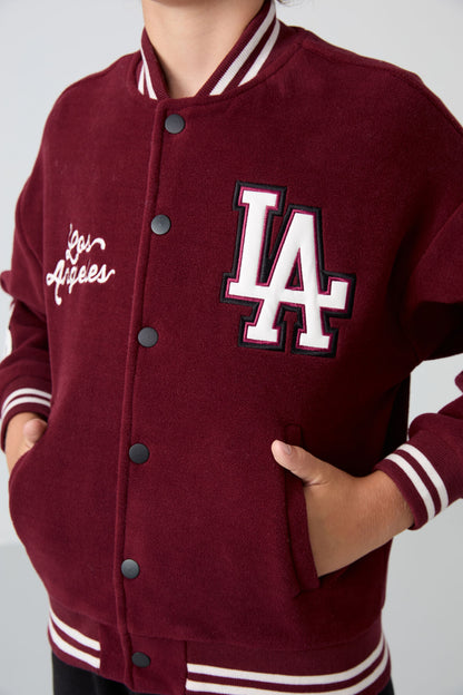 Purple Thick Soft Textured Standard Fit Embroidered Fleece Boys' College Jacket - 11227