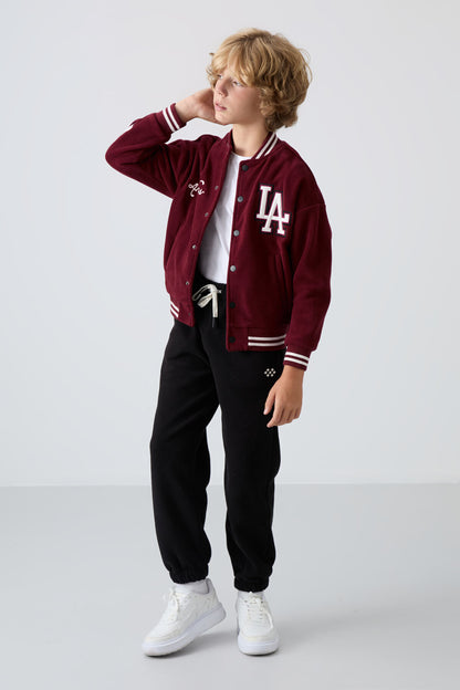 Purple Thick Soft Textured Standard Fit Embroidered Fleece Boys' College Jacket - 11227