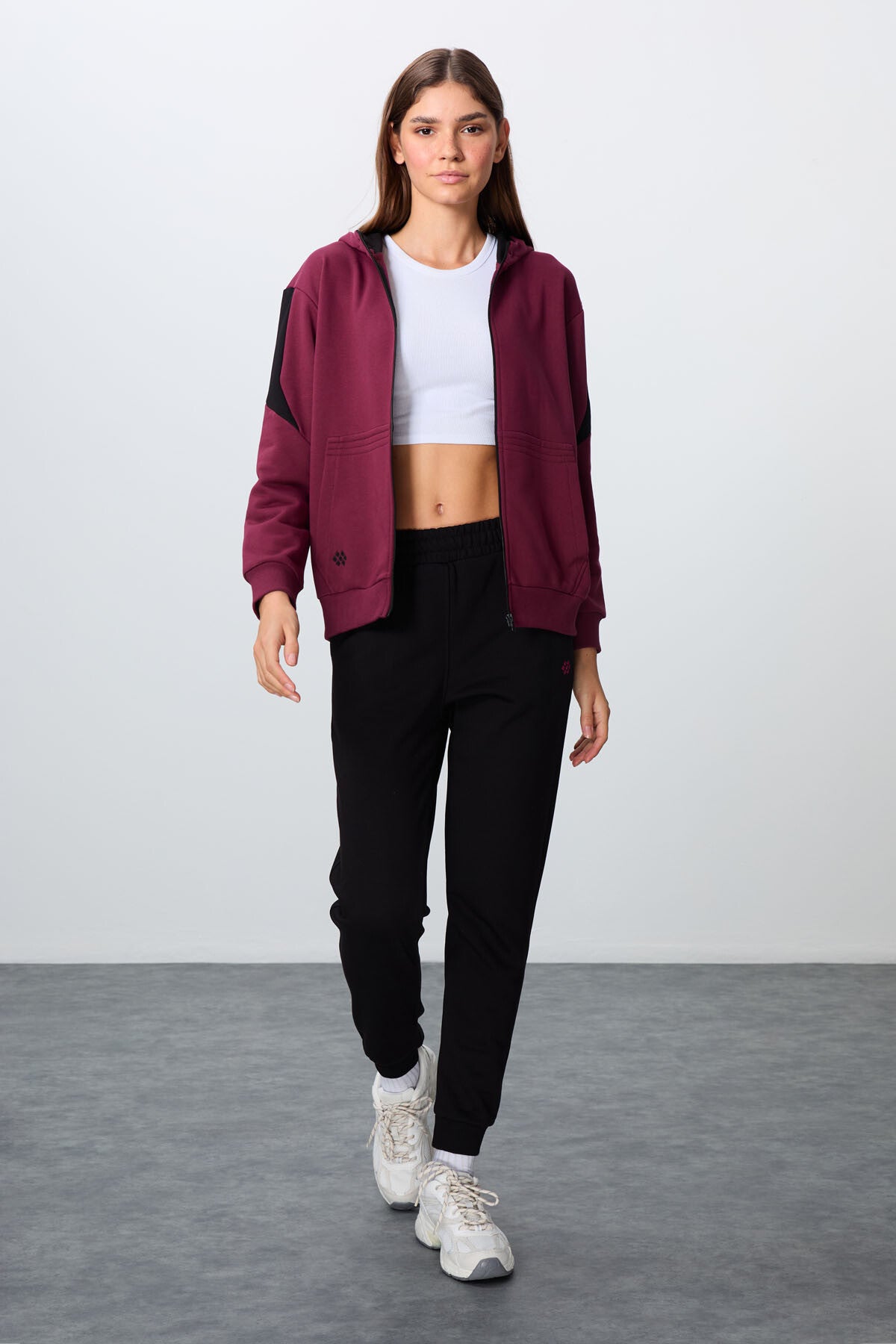 Purple-Black Compact Cotton Thick Smooth Textured Hooded Oversize Fit Women's Tracksuit Set - 95343