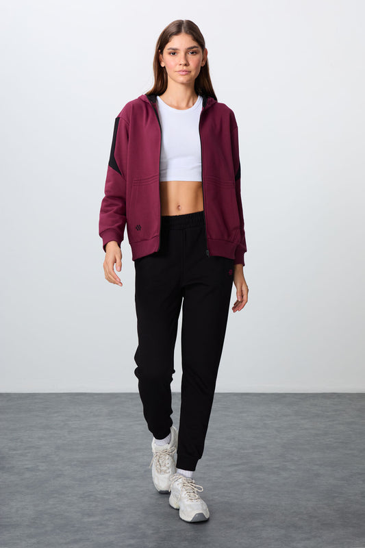 Purple-Black Compact Cotton Thick Smooth Textured Hooded Oversize Fit Women's Tracksuit Set - 95343