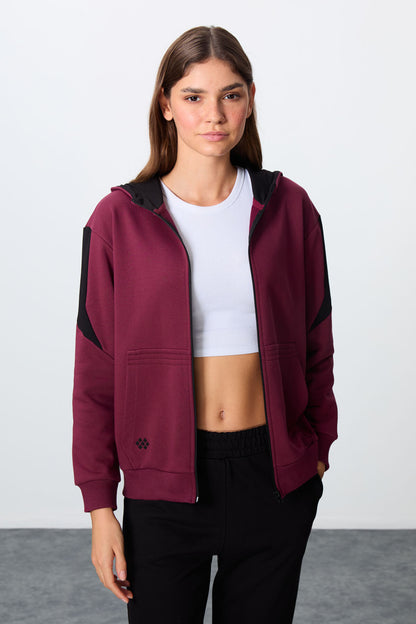 Purple-Black Compact Cotton Thick Smooth Textured Hooded Oversize Fit Women's Tracksuit Set - 95343