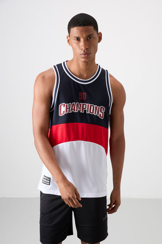 White Polyester Breathable Textured Thin Flexible Standard Fit Men's Basketball Singlet - 88395