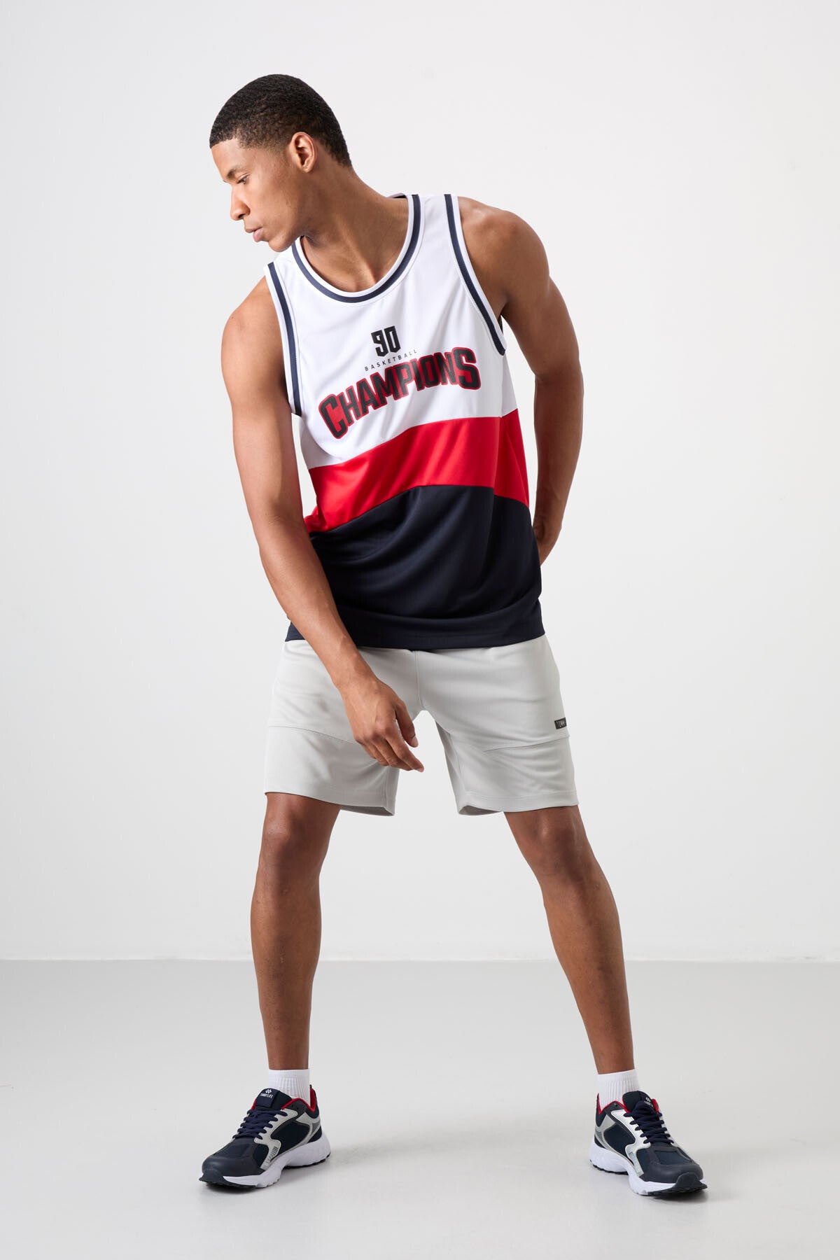 Navy Blue Polyester Breathable Textured Thin Flexible Standard Fit Men's Basketball Singlet - 88395