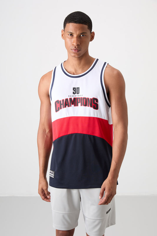 Navy Blue Polyester Breathable Textured Thin Flexible Standard Fit Men's Basketball Singlet - 88395