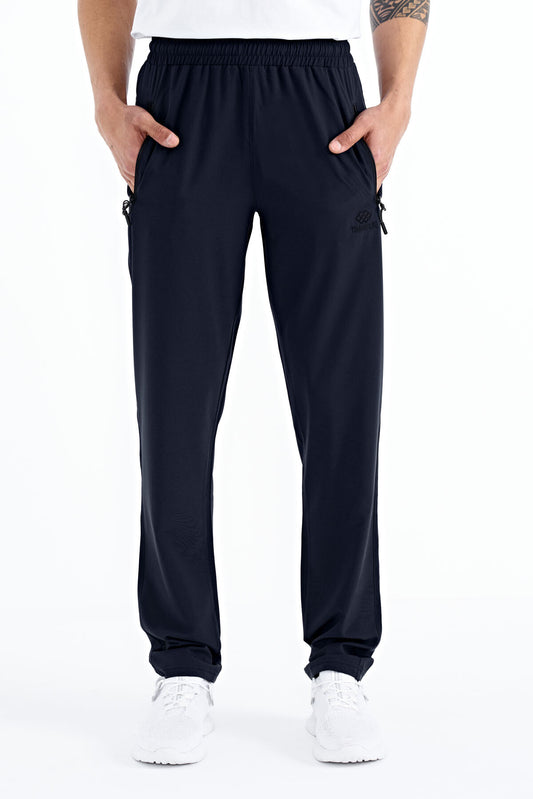 Navy Blue Men's Zippered Three-Pocket Standard Fit Classic Hem Tracksuit Bottom - 84768