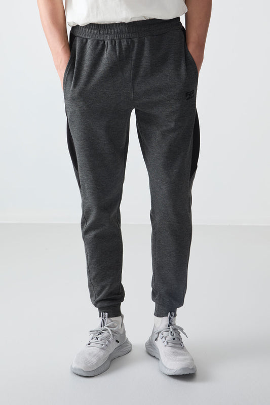 Melange Anthracite Textured Surface Standard Fit Embroidered Men's Tracksuit Bottom - 82126