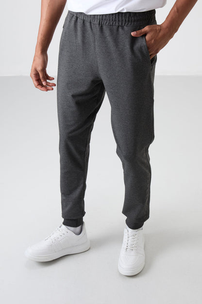 Anthracite Melange Cotton Soft Textured Standard Fit Embroidered Men's Tracksuit Bottom - 82133