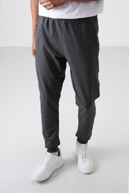 Anthracite Melange Cotton Soft Textured Standard Fit Embroidered Men's Tracksuit Bottom - 82133