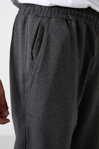 Anthracite Melange Cotton Soft Textured Standard Fit Embroidered Men's Tracksuit Bottom - 82133