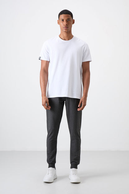 Anthracite Melange Cotton Soft Textured Standard Fit Embroidered Men's Tracksuit Bottom - 82133