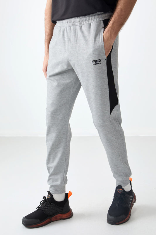 Grey Melange Textured Surface Standard Fit Embroidered Men's Tracksuit Bottom - 82126