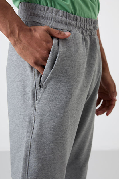 Grey Melange Cotton Soft Textured Standard Fit Embroidered Men's Tracksuit Bottom - 82133