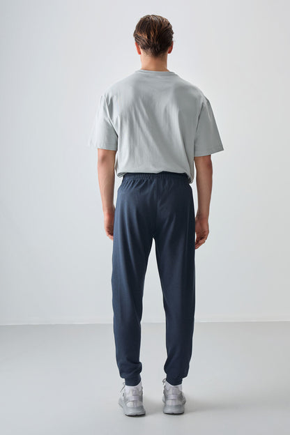 Indigo Textured Surface Standard Fit Embroidered Men's Tracksuit Bottom - 82126