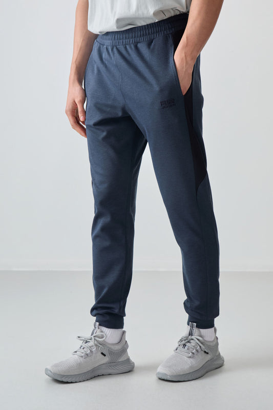 Indigo Textured Surface Standard Fit Embroidered Men's Tracksuit Bottom - 82126