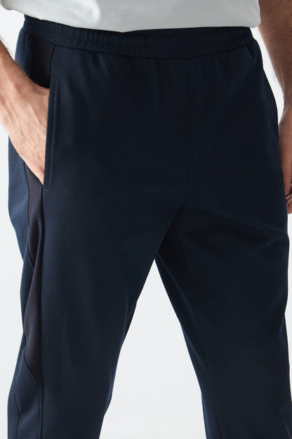 Navy Blue Textured Surface Standard Fit Embroidered Men's Tracksuit Bottom - 82126
