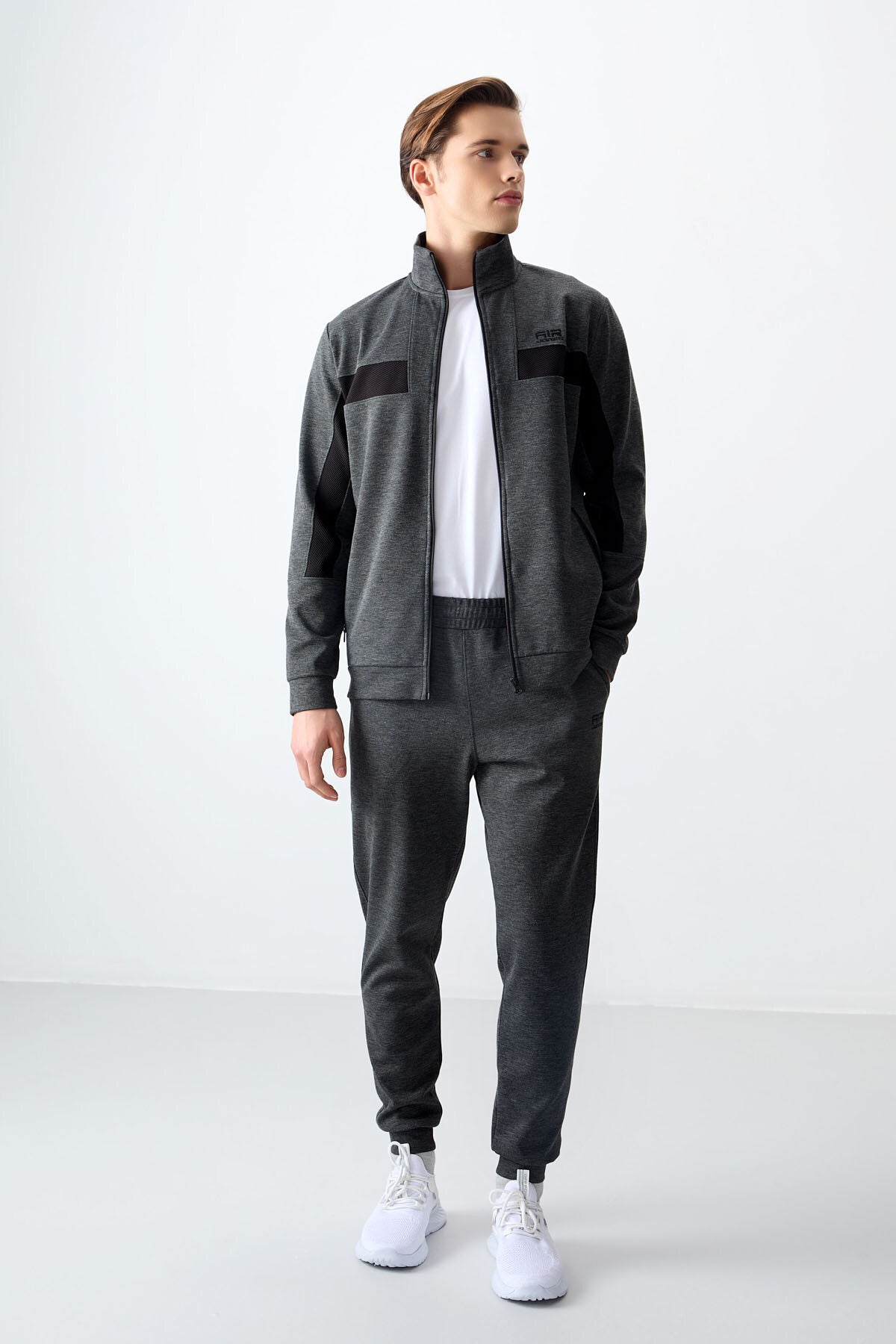 Anthracite Melange Textured Surface Standard Fit Embroidered Men's Tracksuit Set - 85248