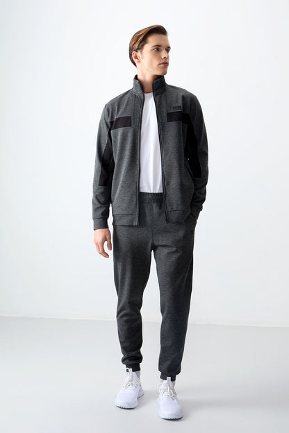 Anthracite Melange Textured Surface Standard Fit Embroidered Men's Tracksuit Set - 85248