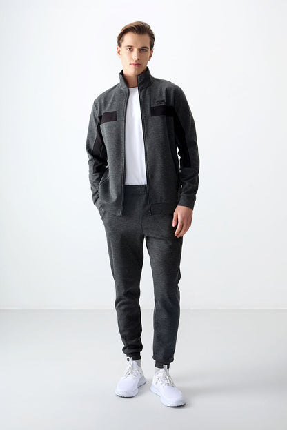 Anthracite Melange Textured Surface Standard Fit Embroidered Men's Tracksuit Set - 85248