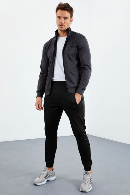 Anthracite-Black High Neck Zippered Standard Fit Cuff Men's Tracksuit Set - 85160