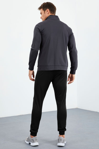 Anthracite-Black High Neck Zippered Standard Fit Cuff Men's Tracksuit Set - 85160