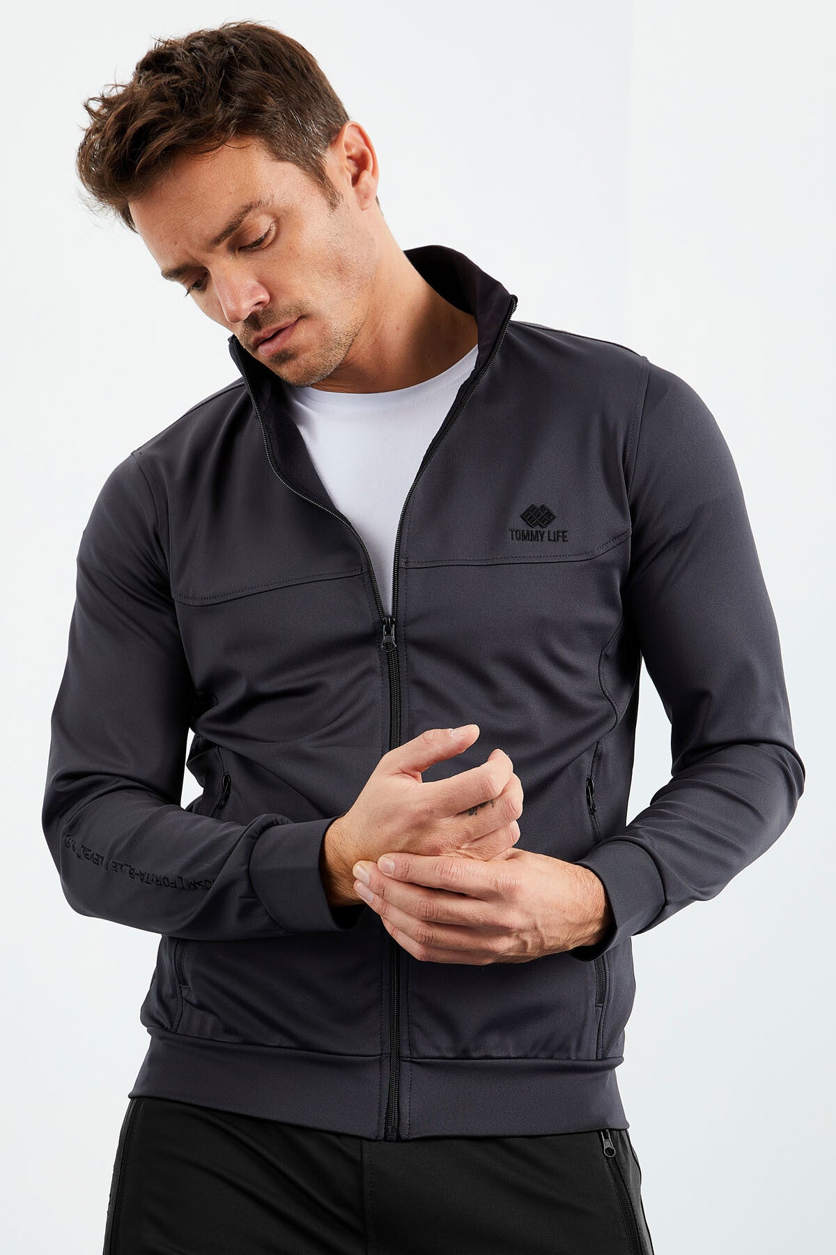 Anthracite-Black High Neck Zippered Standard Fit Cuff Men's Tracksuit Set - 85160