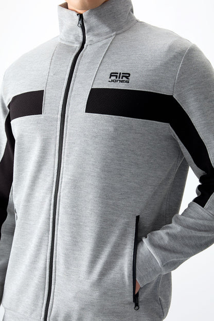 Grey Melange Textured Surface Standard Fit Embroidered Men's Tracksuit Set - 85248