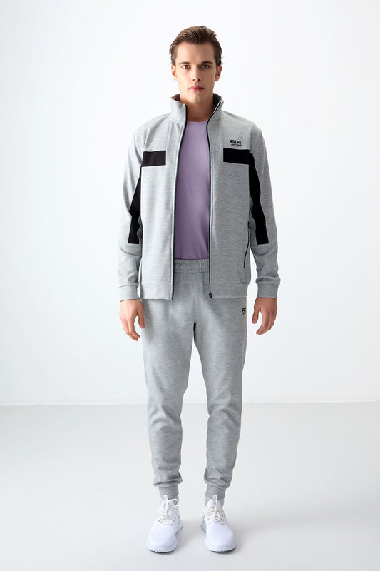 Grey Melange Textured Surface Standard Fit Embroidered Men's Tracksuit Set - 85248